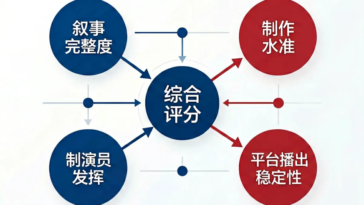 麻豆传媒内容评分体系示意图，展示叙事完整度、制作水准等四个维度的加权模型
