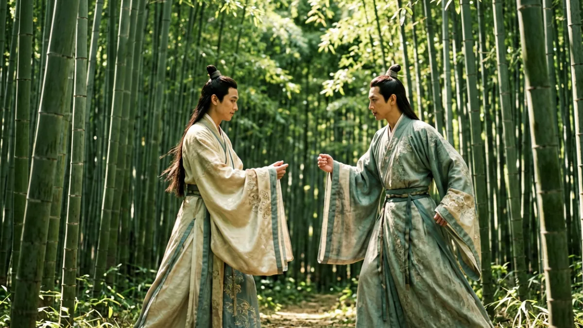 古装武侠场景，两名演员在竹林中对峙，服装考究布景精细